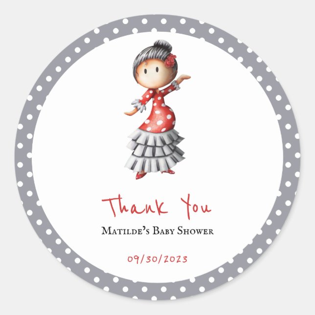 Sticker Rond Polka Dot Grey Blanc Flamenco Sevillana Danseuse (Devant)