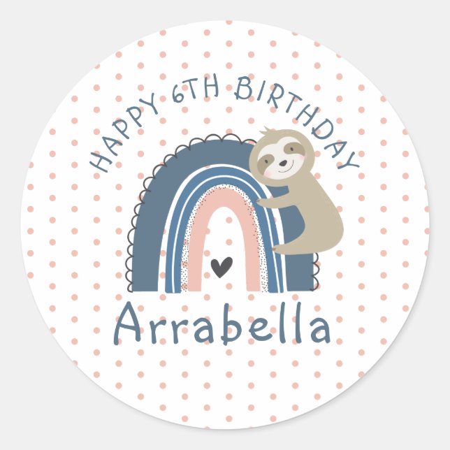 Sticker Rond Polka Dot Sloth Rainbow Photo Girl'anniversaire 6e (Devant)