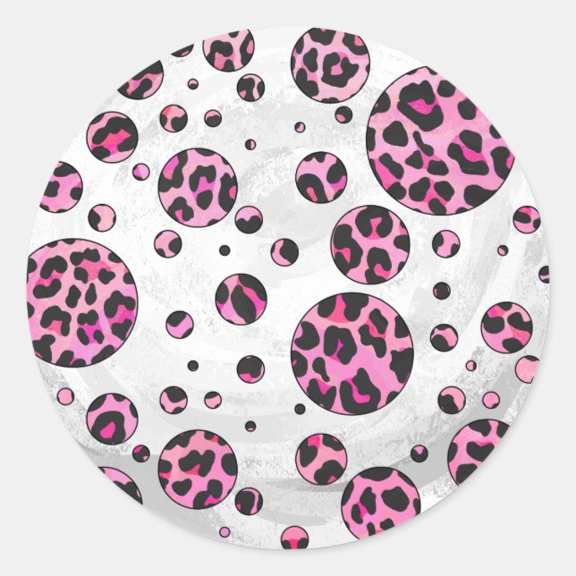 Sticker Rond Polka Leopard Pot noir et rose chaud (Devant)
