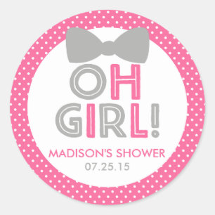 Sticker Rond Polka rose et gris point Oh Baby shower fille