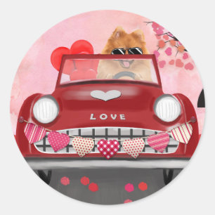 Sticker Rond Pomeranian Chien Voiture avec coeurs Saint-Valenti
