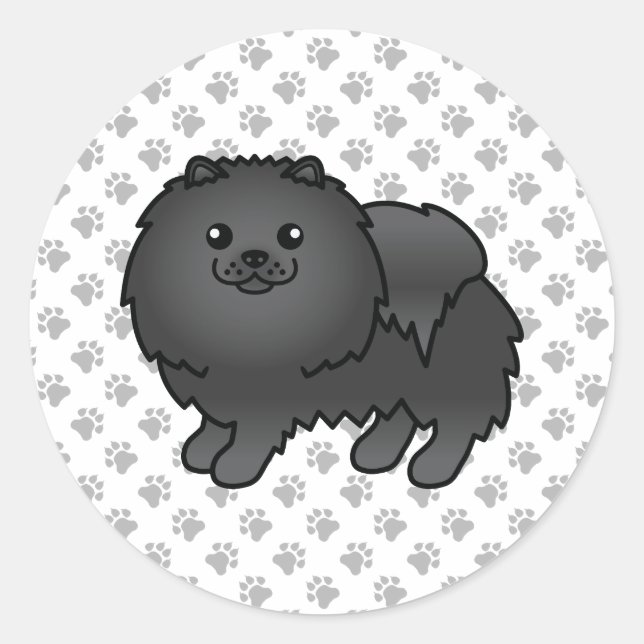 Sticker Rond Pomeranian noir Chien de dessin animé mignon & Pat (Devant)