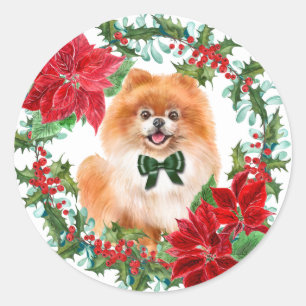 Sticker Rond Pomeranian Poinsettia Holly Wreath