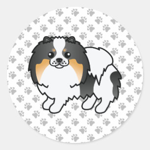 Sticker Rond Pomeranian Tricolore Blanc Chien de Dessin Animé M
