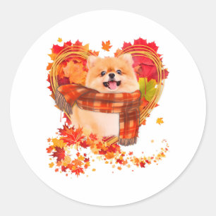 Sticker Rond Poméranien Avec Coeur Fait De Feuilles Automnes