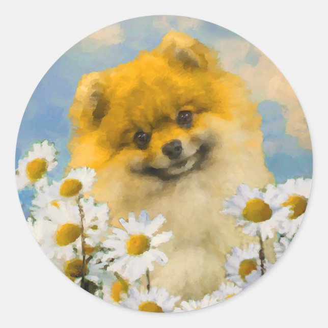 Sticker Rond Poméranien dans Daisies Peinture - Art Chien origi (Devant)