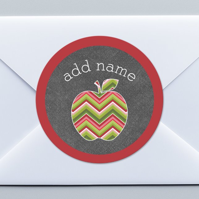 Sticker Rond Pomme d'enseignant personnalisé - Motif Chevron ve (Custom Sticker for Party Favors, Classroom Identification or Envelopes)