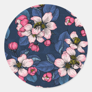Sticker Rond Pomme fleurit sur un bleu foncé