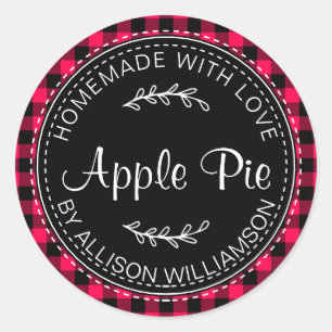 Sticker Rond Pomme maison rustique Pie rose vif Plaid noir
