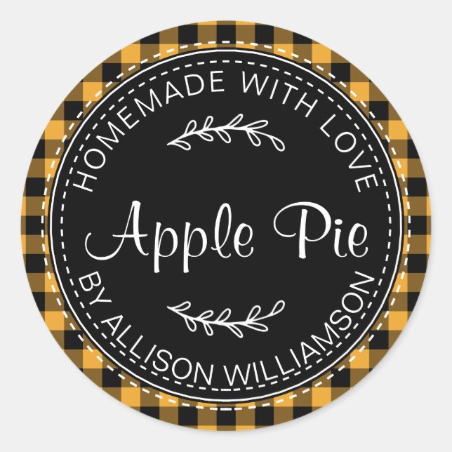 Sticker Rond Pomme maison rustique tarte Jaune Noir Plaid (Devant)