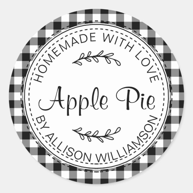 Sticker Rond Pomme maison rustique tarte noir blanc chèque (Devant)