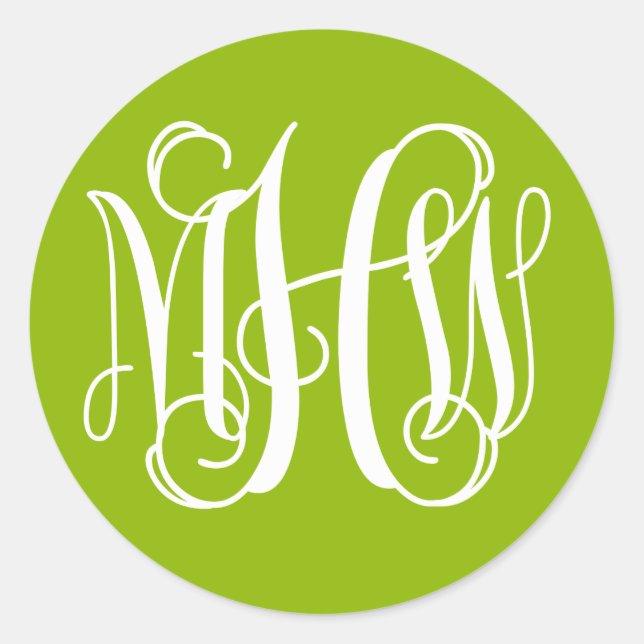 Sticker Rond Pomme Vert Blanc Écriture Vigne Monogramme DIY Fon (Devant)
