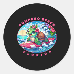 Sticker Rond Pompano Beach Floride Jolie Fille de Surf Tortue d
