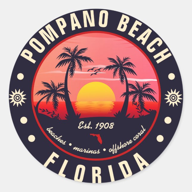 Sticker Rond Pompano Beach Floride Retro Sunset Souvenir (Devant)