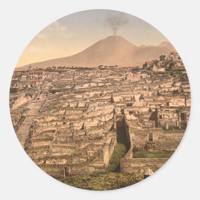 Sticker Rond Pompéi et Mont Vesivius, Campanie, Italie (Devant)