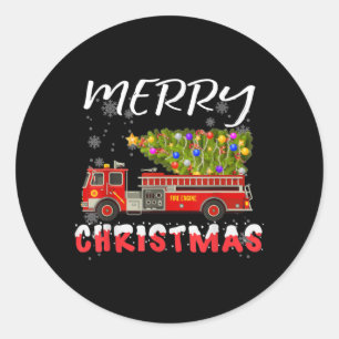 Sticker Rond Pompier Camion Pine Tree Famille de Noël