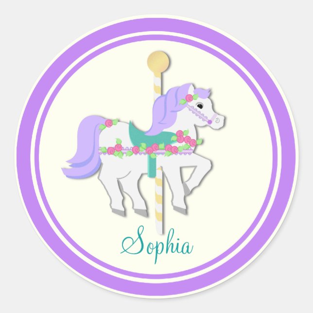 Sticker Rond Pony peint violet et carrousel Rose (Devant)