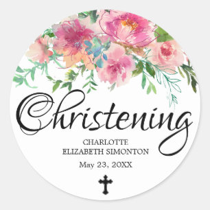 Sticker Rond Pony rose Floral et Cross Christening
