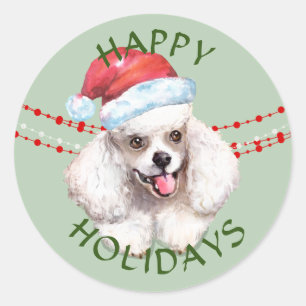 Sticker Rond Poodle blanc Santa Hat Joyeuses Fêtes