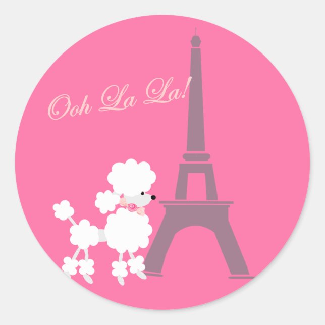 Sticker Rond Poodle Dog et Tour Eiffel Paris gris rose (Devant)