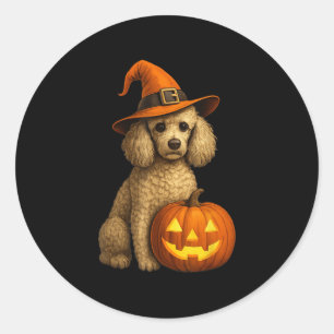 Sticker Rond Poodle Halloween Citrouille sorcier Casquette chie