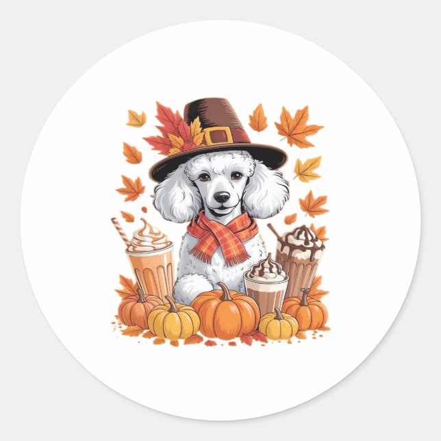 Sticker Rond Poodle Thanksgiving Drinks Coffee Fall Leaves Pump (Devant)