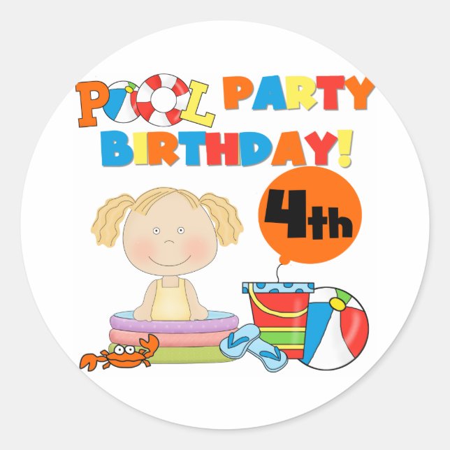 Sticker Rond Pool Party 4th Birthday Tshirts et cadeaux (Devant)