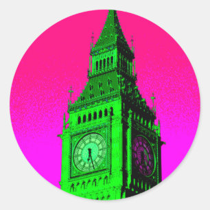 Sticker Rond Pop Art Big Ben Londres Voyage rose Vert