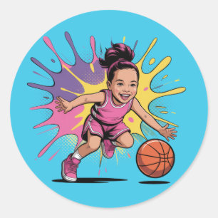 Sticker Rond Pop Art Girl Basketball Anniversaire Bash