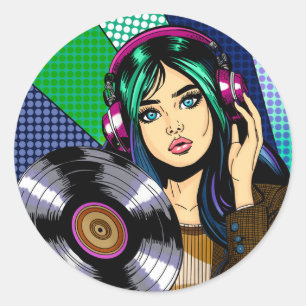 Sticker Rond Pop Art Girl with Record