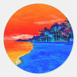Sticker Rond Pop Art Plage Exotique Palmiers