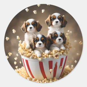 Sticker Rond Popcorn Cavalier Spaniel Chiots,
