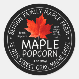 Sticker Rond Popcorn d'érable noir avec feuille d'érable rouge