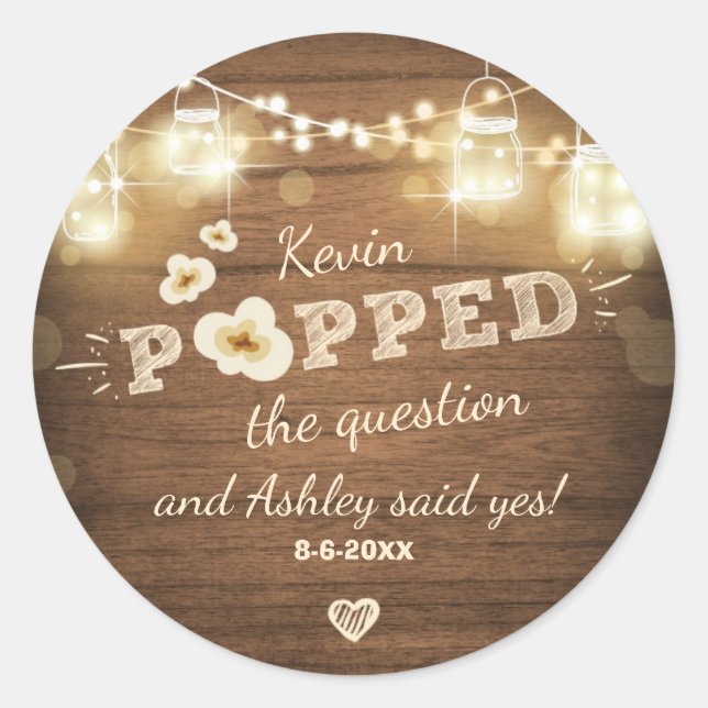 Sticker Rond Popped the Question Fiançailles Mariage Popcorn (Devant)