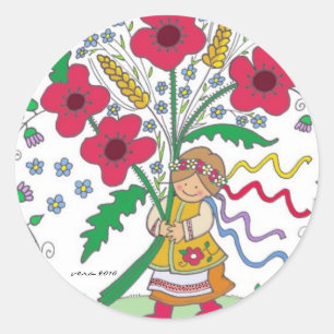 Sticker Rond Poppy Girl Ukrainian Folk Art