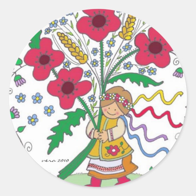 Sticker Rond Poppy Girl Ukrainian Folk Art (Devant)