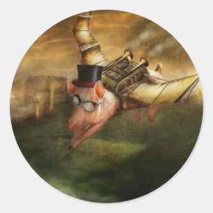 Sticker Rond Porc de vol - Steampunk - les porcs de vol