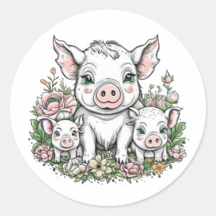 Sticker Rond Porcs et cochons mignons en Fleurs