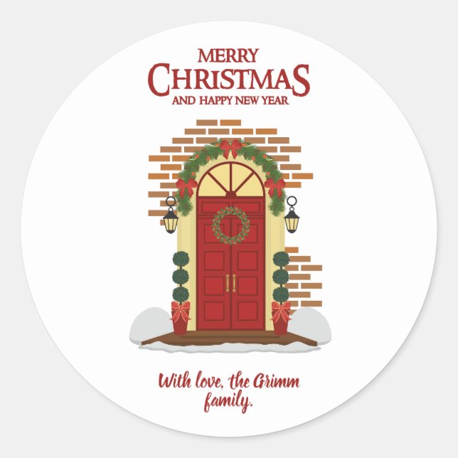 Sticker Rond Porte de couronnes rouge de Noël (Devant)