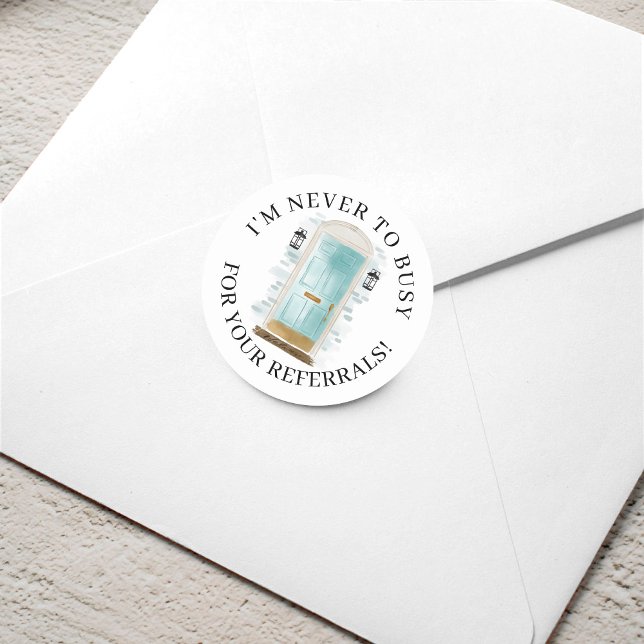 Sticker Rond Porte d'entrée Aquarelle Bleue Référence Immobiliè (Blue Watercolor Front Door Real Estate Referral Classic Round Sticker)