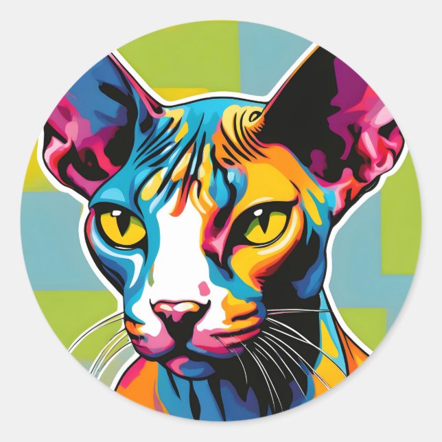 Sticker Rond Portrait Chat Sphynx Pop Art (Devant)
