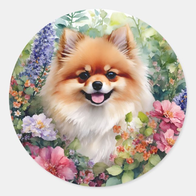 Sticker Rond Portrait d'aquarelle florale de Poméranie (Devant)