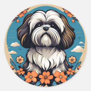 Sticker Rond Portrait De Chien Lhasa Apso Avec Fleurs