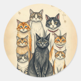Sticker Rond Portrait de famille de chats d'inspiration vintage