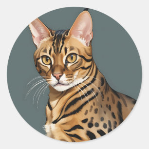 Sticker Rond Portrait dynamique de chat Bengale avec points dis