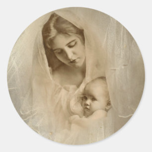 Sticker Rond Portrait vintage, Mère aimante tenant bébé enfant