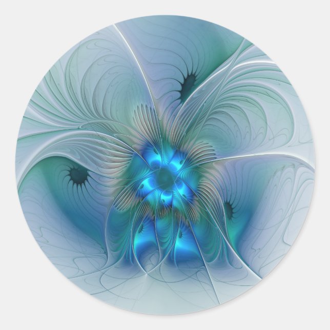 Sticker Rond Position, Abstrait bleu turquoise fractal (Devant)