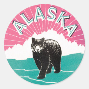 Sticker Rond Poster Vintage voyage, Ours noir de l'Alaska en ne