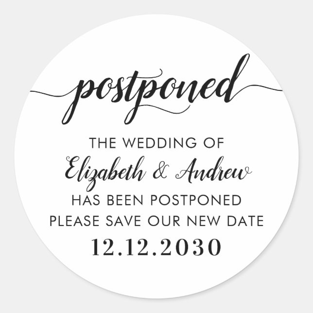 Sticker Rond Postponed Enregistrer notre nouveau Mariage de rep (Devant)