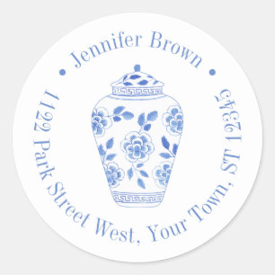 Sticker Rond Pot à gingembre bleu et blanc Preppy Adresse de re
